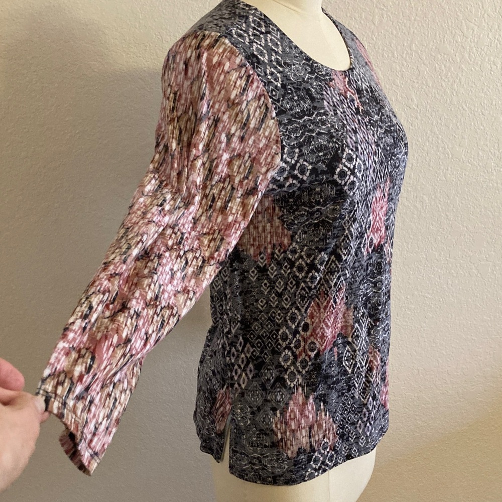 Coldwater Creek Black & Pink Bohemian Patterned 3/4 Sleeve Top